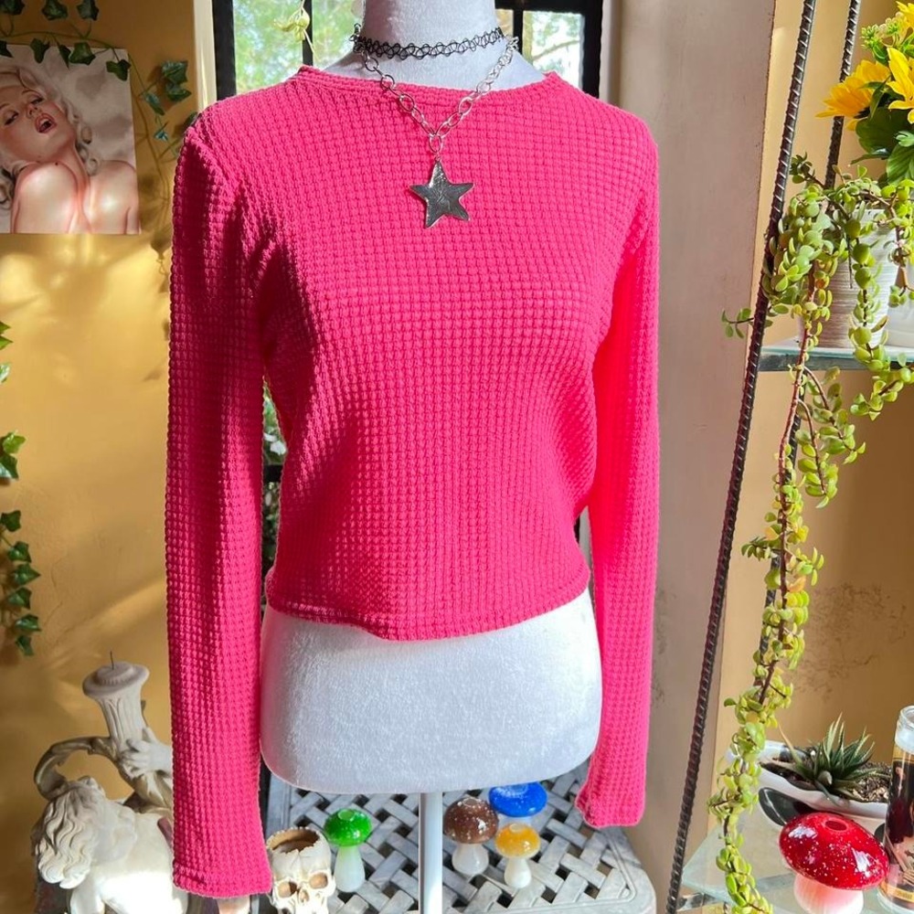 long sleeve top y2k casual hot pink waffle knit